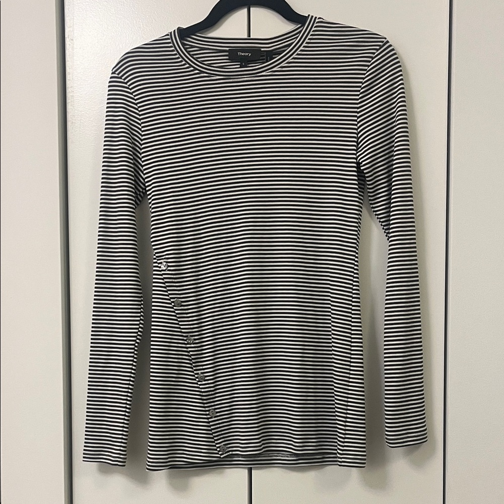 Theory Button Front Lowell Knit Striped Long Sleeve Tee